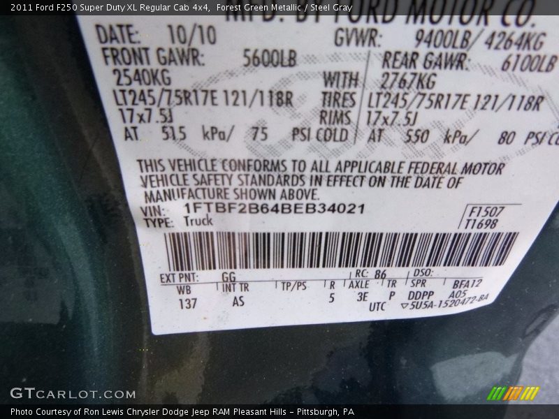 Forest Green Metallic / Steel Gray 2011 Ford F250 Super Duty XL Regular Cab 4x4