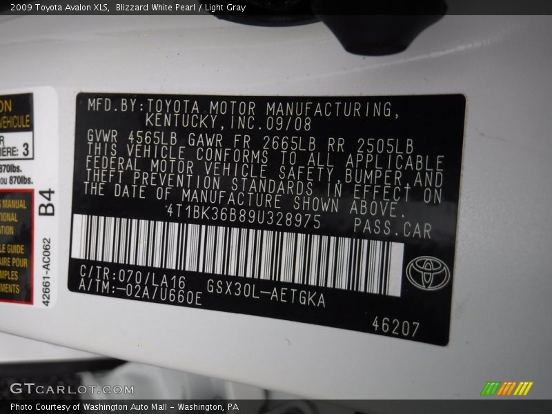 Blizzard White Pearl / Light Gray 2009 Toyota Avalon XLS