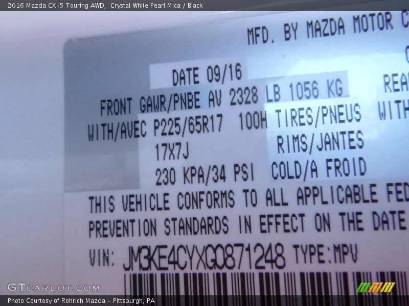 Crystal White Pearl Mica / Black 2016 Mazda CX-5 Touring AWD
