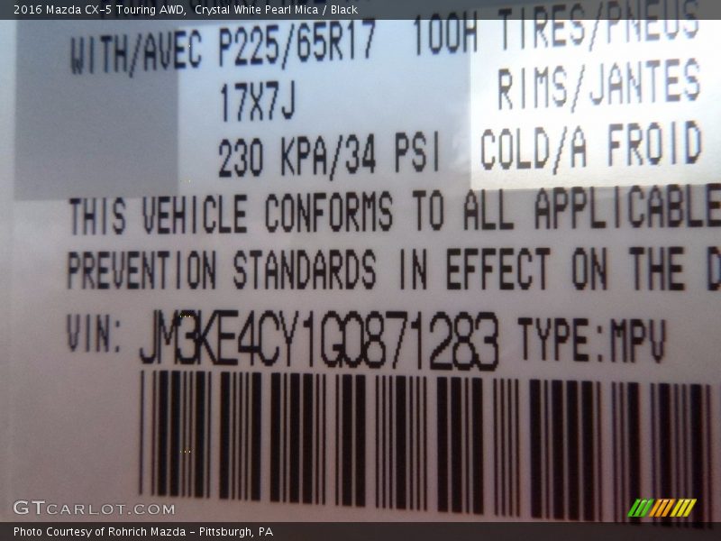 Crystal White Pearl Mica / Black 2016 Mazda CX-5 Touring AWD