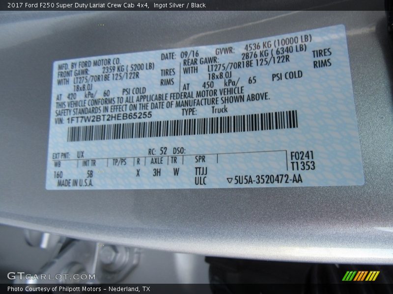 2017 F250 Super Duty Lariat Crew Cab 4x4 Ingot Silver Color Code UX