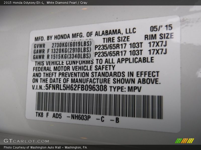 White Diamond Pearl / Gray 2015 Honda Odyssey EX-L