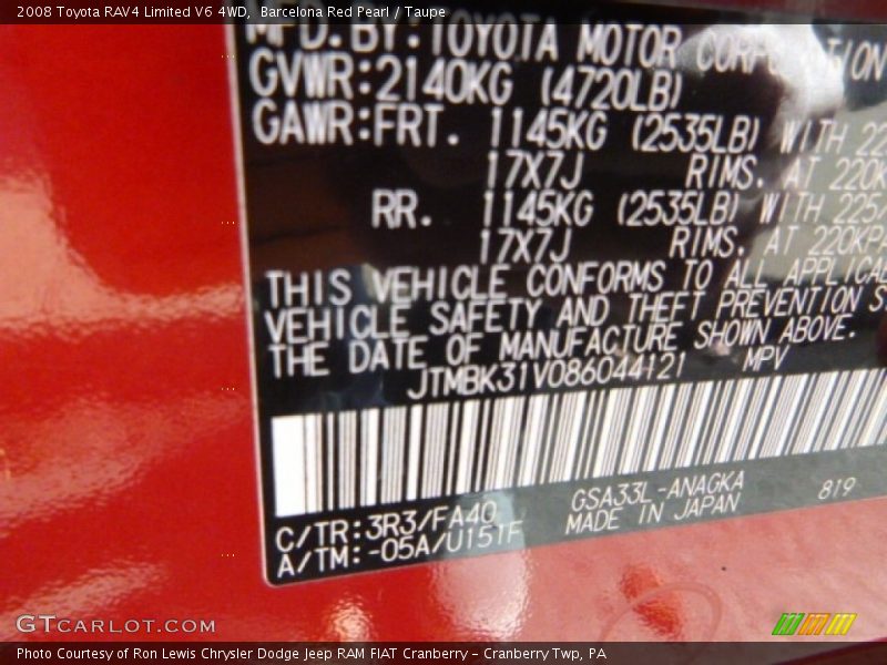 Barcelona Red Pearl / Taupe 2008 Toyota RAV4 Limited V6 4WD