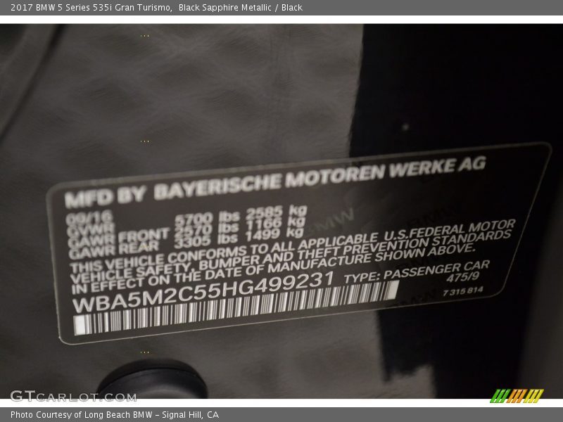 Black Sapphire Metallic / Black 2017 BMW 5 Series 535i Gran Turismo