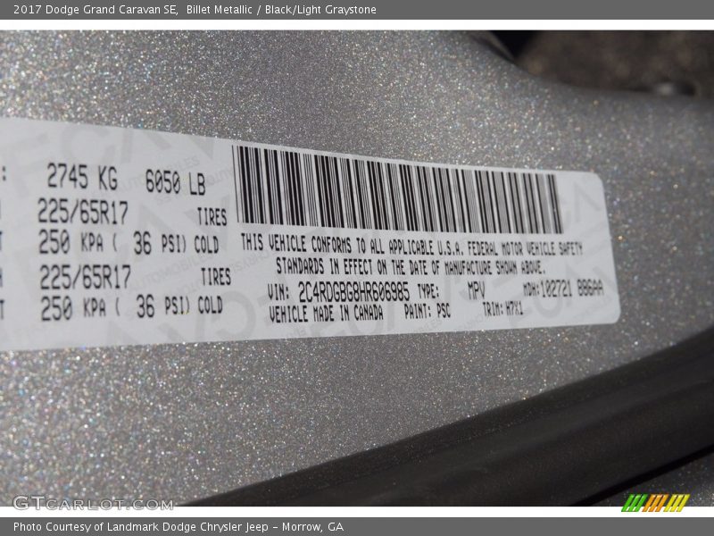 Billet Metallic / Black/Light Graystone 2017 Dodge Grand Caravan SE