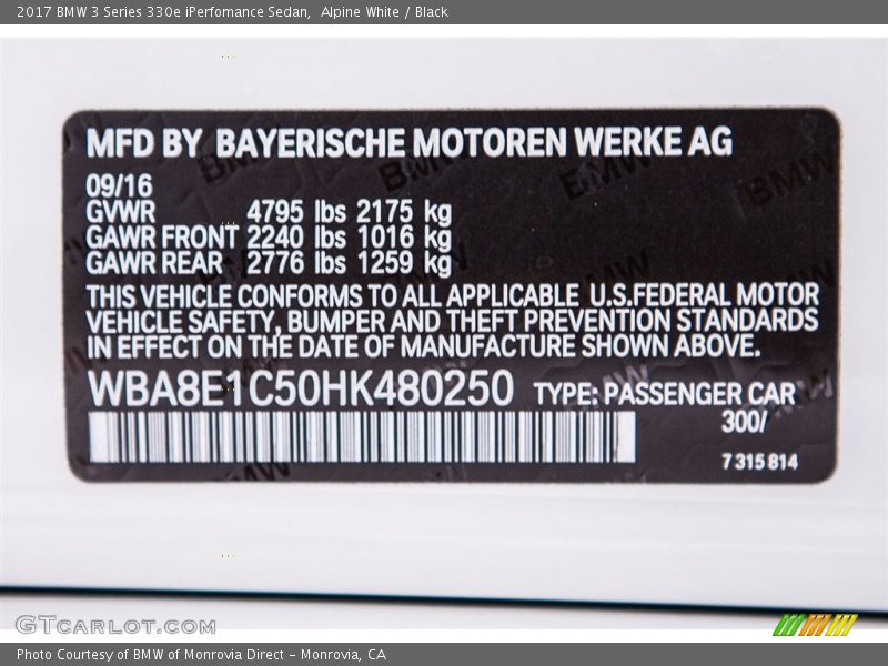 Alpine White / Black 2017 BMW 3 Series 330e iPerfomance Sedan