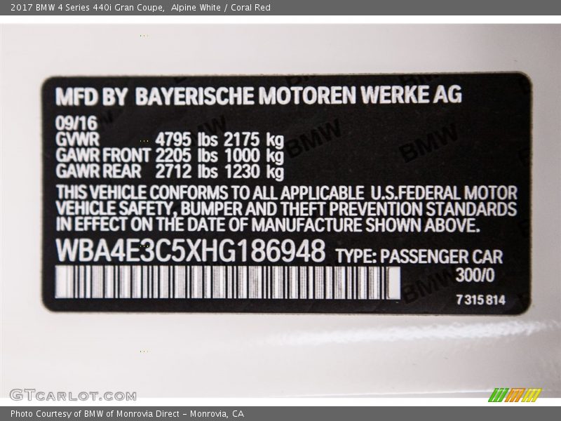 Alpine White / Coral Red 2017 BMW 4 Series 440i Gran Coupe