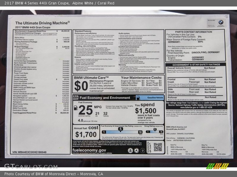  2017 4 Series 440i Gran Coupe Window Sticker