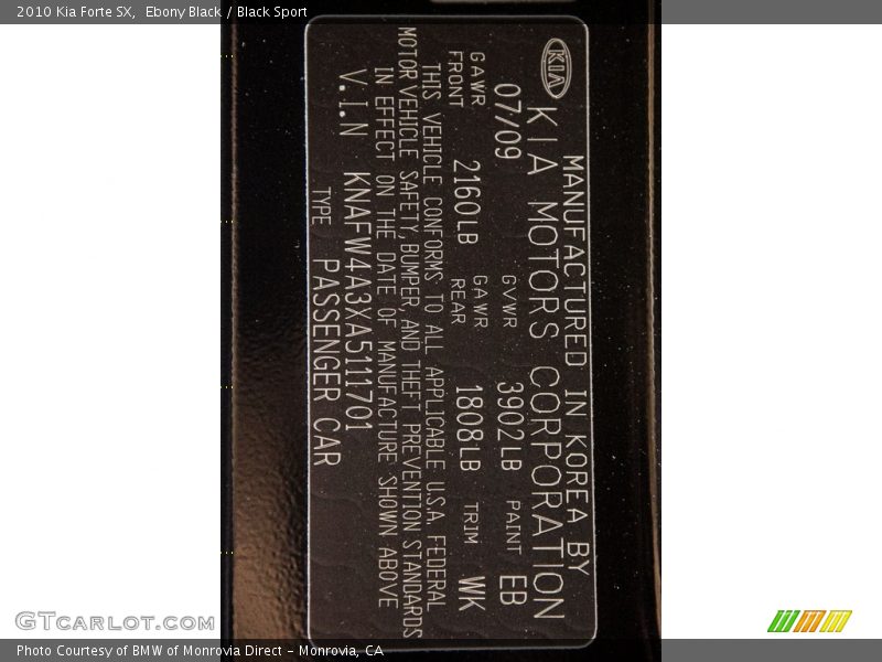 Ebony Black / Black Sport 2010 Kia Forte SX
