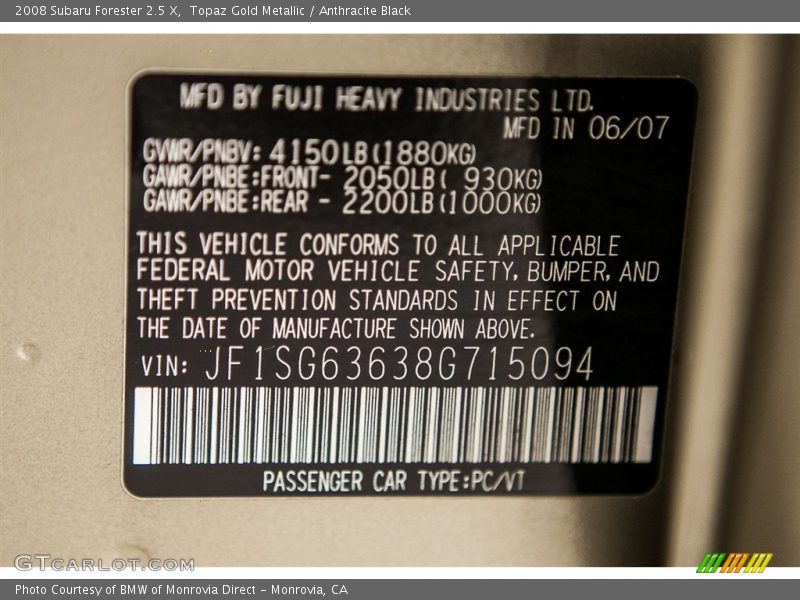 Topaz Gold Metallic / Anthracite Black 2008 Subaru Forester 2.5 X