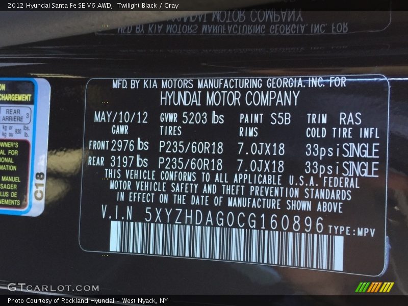 Twilight Black / Gray 2012 Hyundai Santa Fe SE V6 AWD