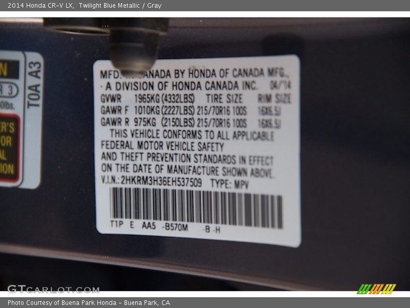 Twilight Blue Metallic / Gray 2014 Honda CR-V LX