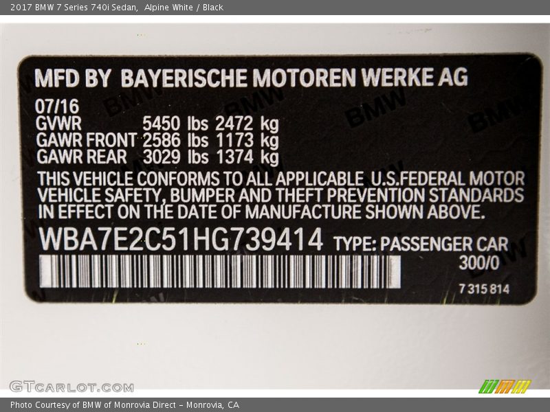 2017 7 Series 740i Sedan Alpine White Color Code 300