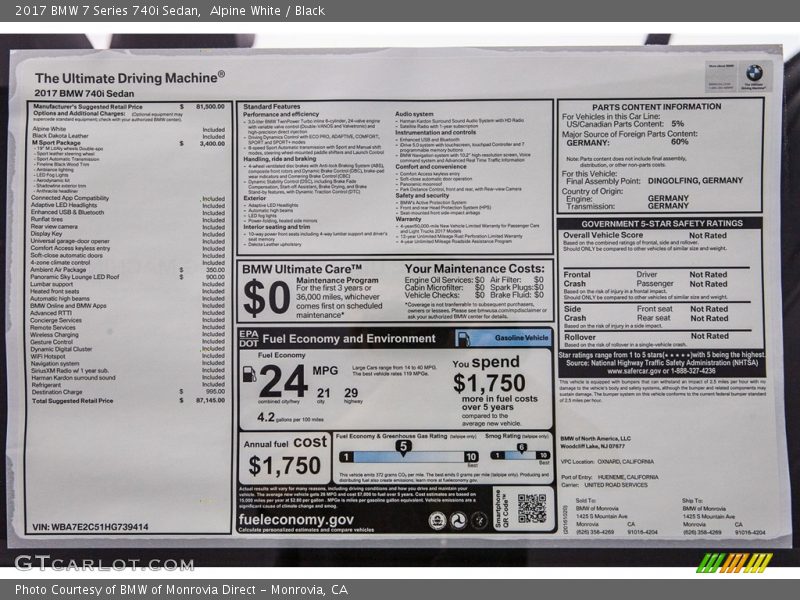  2017 7 Series 740i Sedan Window Sticker