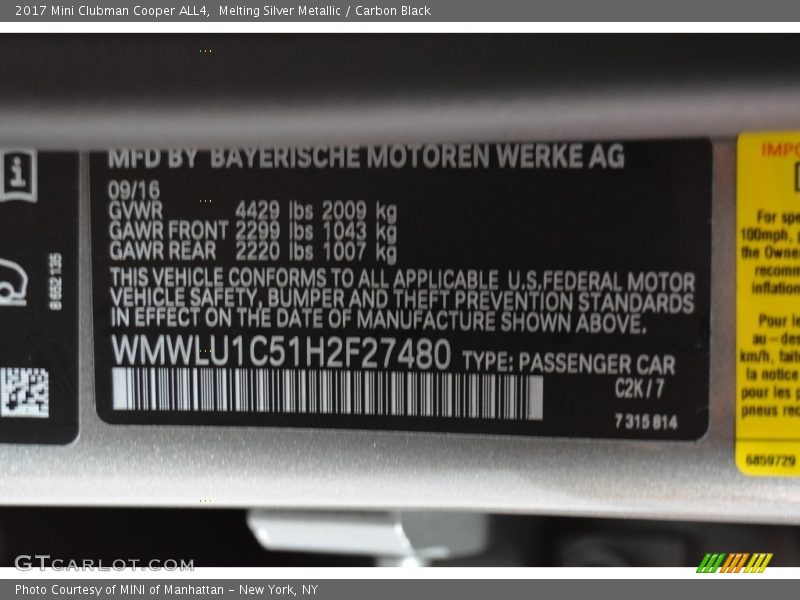 2017 Clubman Cooper ALL4 Melting Silver Metallic Color Code C2K