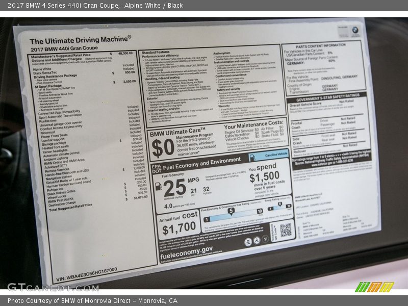  2017 4 Series 440i Gran Coupe Window Sticker