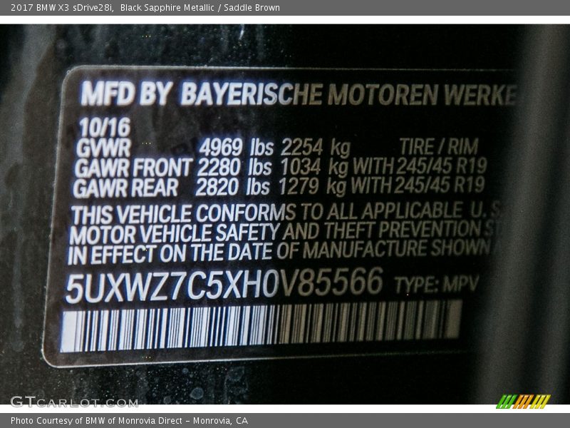 Black Sapphire Metallic / Saddle Brown 2017 BMW X3 sDrive28i