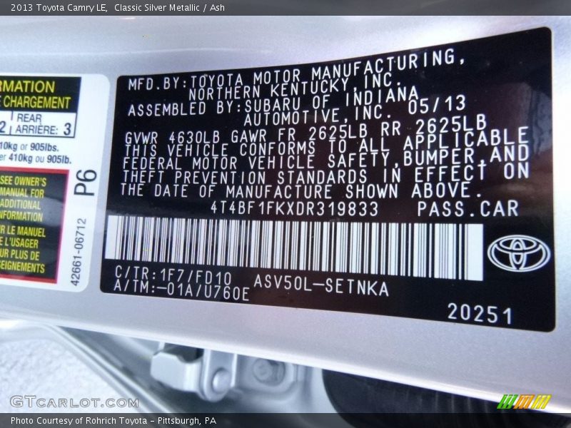 Classic Silver Metallic / Ash 2013 Toyota Camry LE