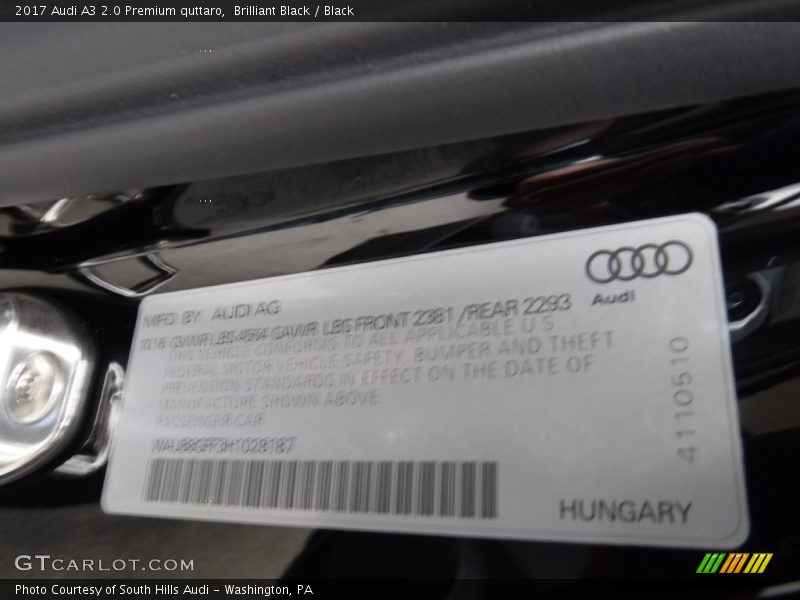 Brilliant Black / Black 2017 Audi A3 2.0 Premium quttaro