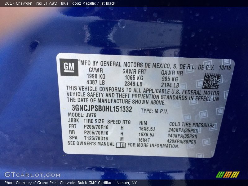 Blue Topaz Metallic / Jet Black 2017 Chevrolet Trax LT AWD