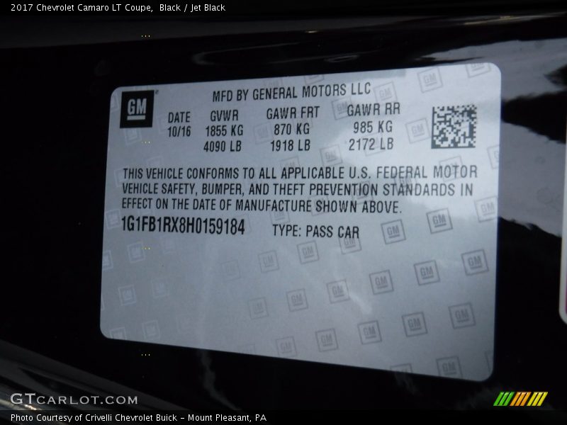 Black / Jet Black 2017 Chevrolet Camaro LT Coupe