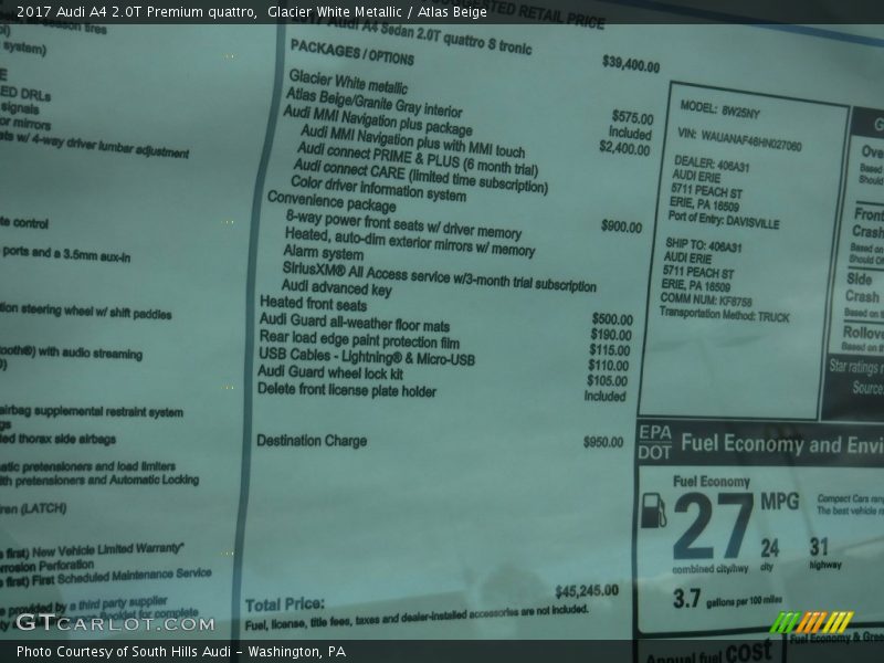 Glacier White Metallic / Atlas Beige 2017 Audi A4 2.0T Premium quattro