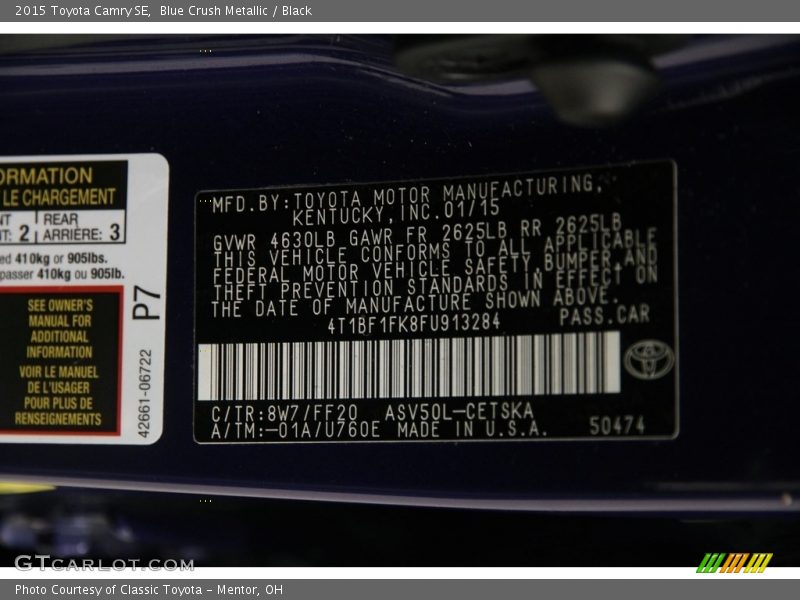 Blue Crush Metallic / Black 2015 Toyota Camry SE