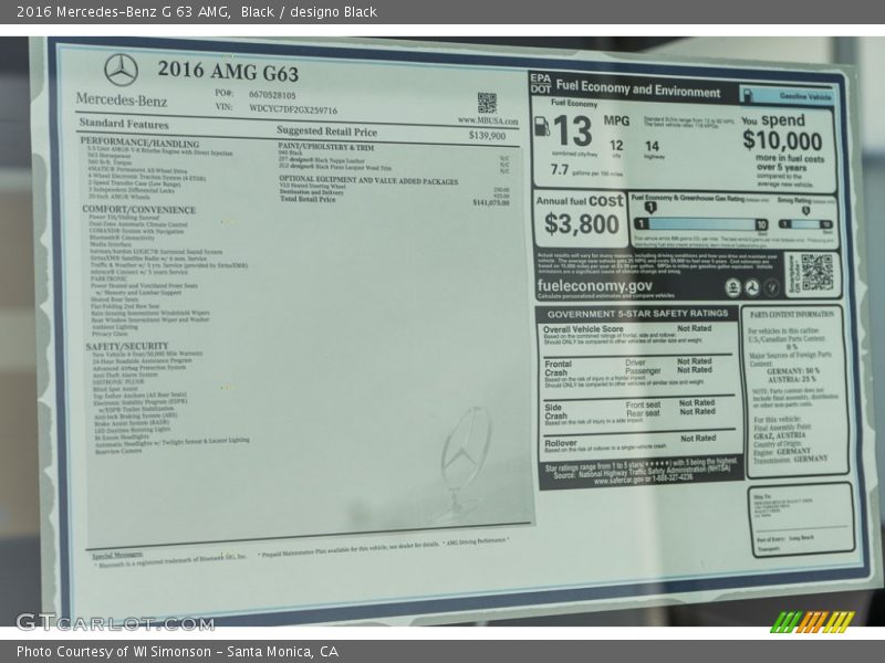  2016 G 63 AMG Window Sticker