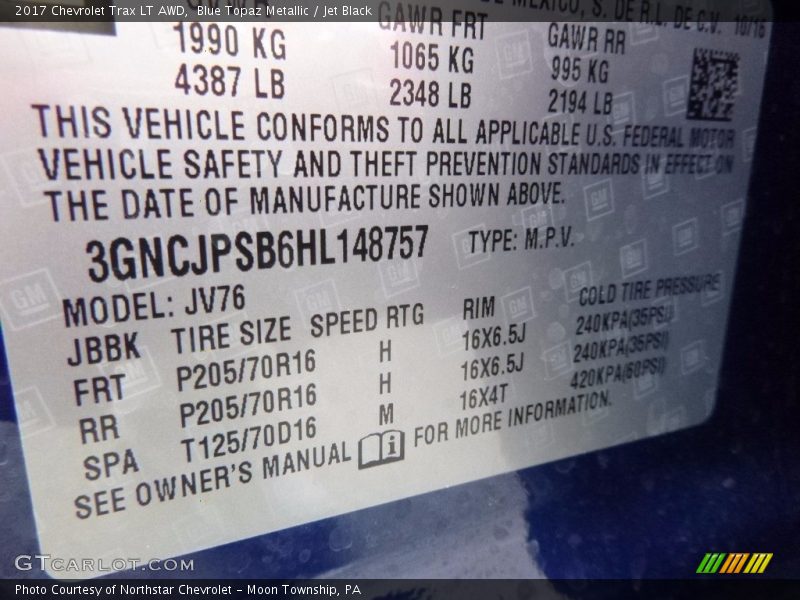 Blue Topaz Metallic / Jet Black 2017 Chevrolet Trax LT AWD