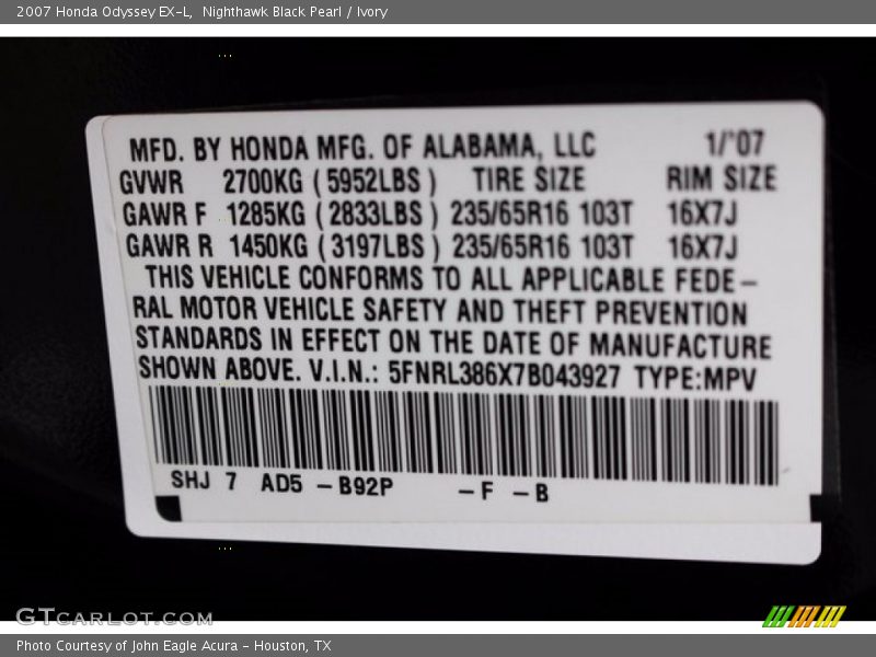 Nighthawk Black Pearl / Ivory 2007 Honda Odyssey EX-L