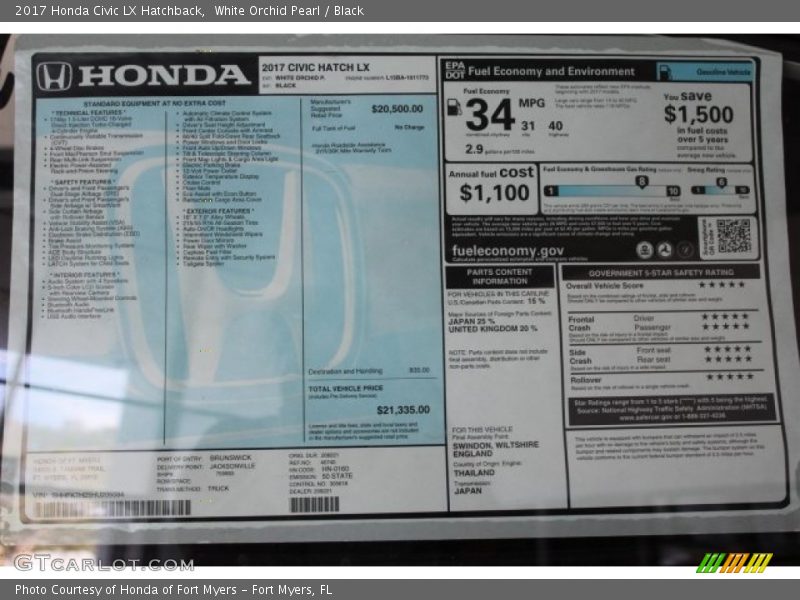 White Orchid Pearl / Black 2017 Honda Civic LX Hatchback