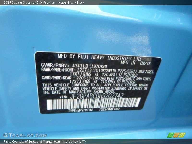 Hyper Blue / Black 2017 Subaru Crosstrek 2.0i Premium
