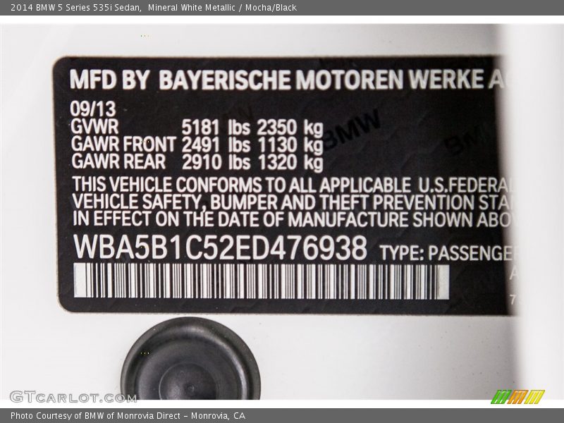 Mineral White Metallic / Mocha/Black 2014 BMW 5 Series 535i Sedan