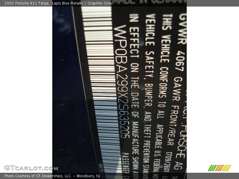 Lapis Blue Metallic / Graphite Grey 2002 Porsche 911 Targa