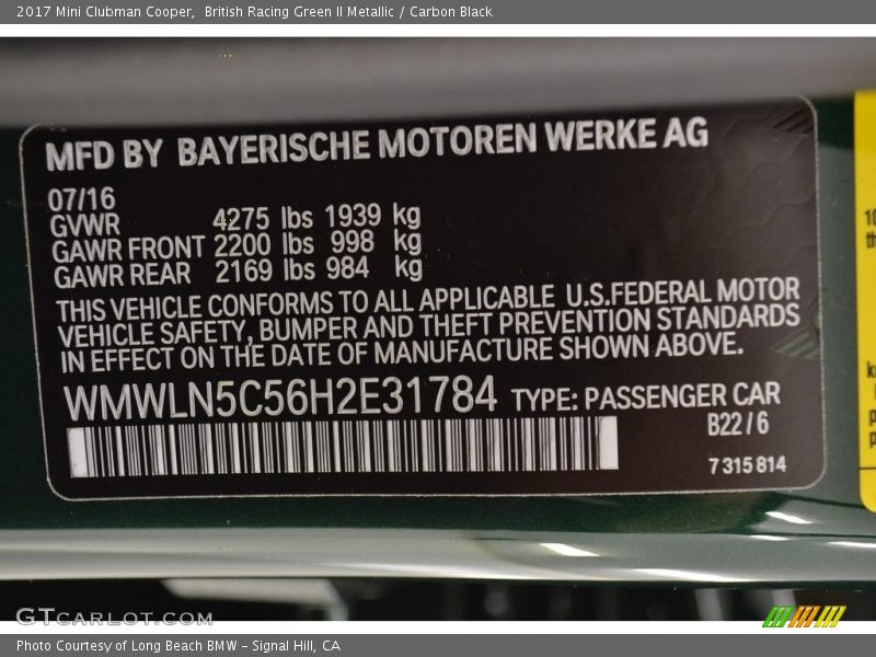 British Racing Green II Metallic / Carbon Black 2017 Mini Clubman Cooper