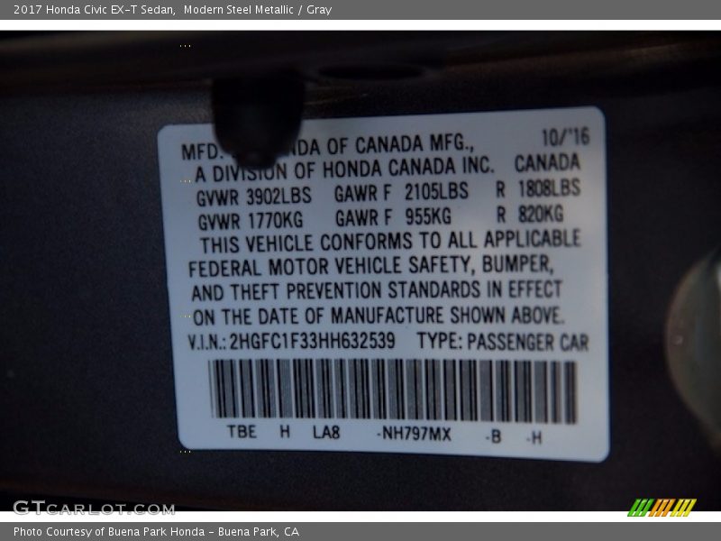 Modern Steel Metallic / Gray 2017 Honda Civic EX-T Sedan