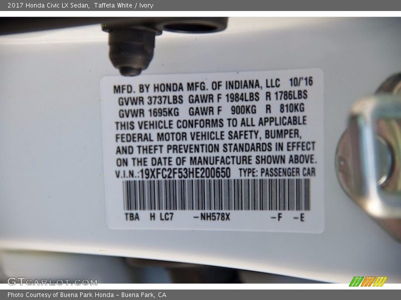 2017 Civic LX Sedan Taffeta White Color Code NH578X