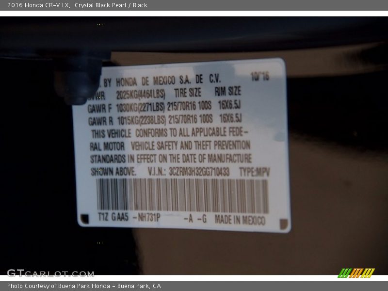 Crystal Black Pearl / Black 2016 Honda CR-V LX
