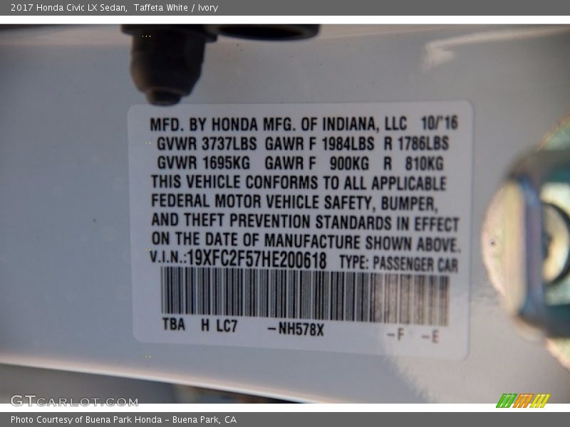Taffeta White / Ivory 2017 Honda Civic LX Sedan