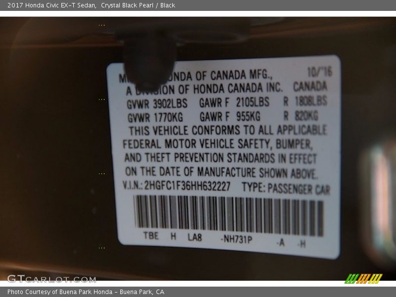 Crystal Black Pearl / Black 2017 Honda Civic EX-T Sedan