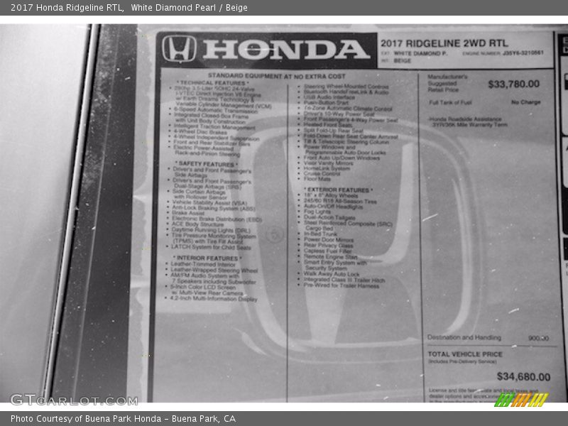 White Diamond Pearl / Beige 2017 Honda Ridgeline RTL