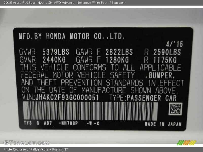 2016 RLX Sport Hybrid SH-AWD Advance Bellanova White Pearl Color Code NH788P
