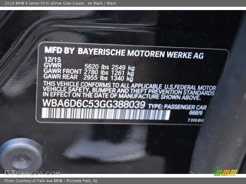 Jet Black / Black 2016 BMW 6 Series 650i xDrive Gran Coupe