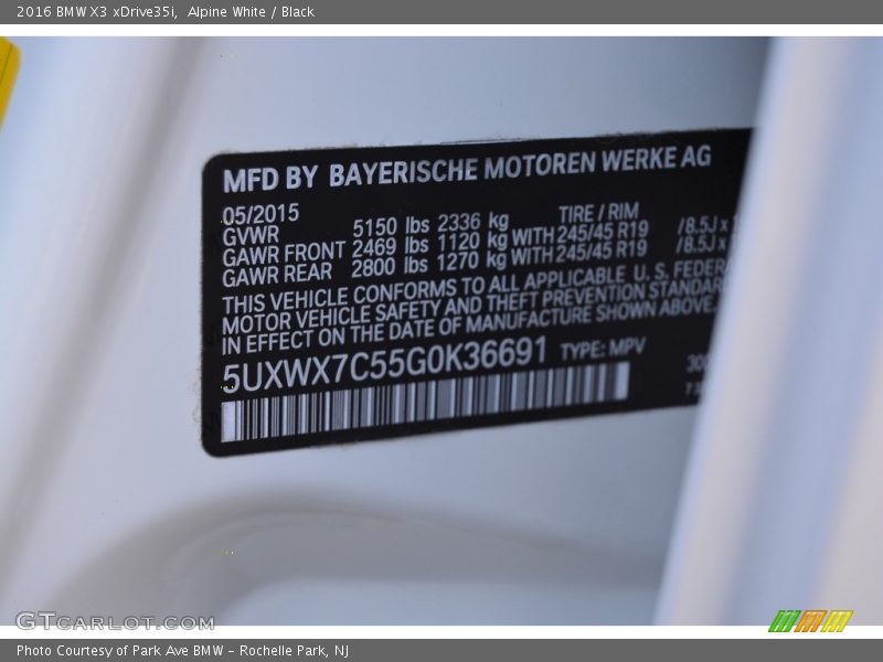 Alpine White / Black 2016 BMW X3 xDrive35i