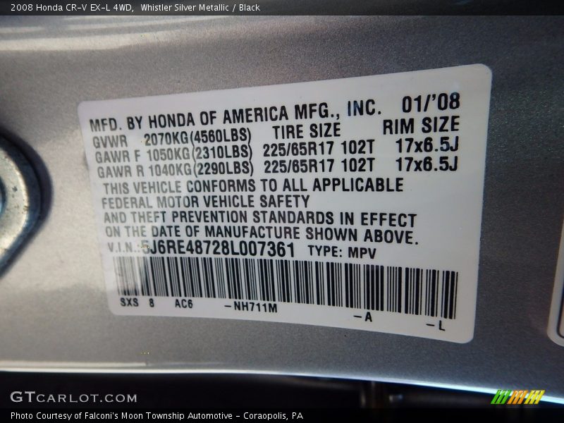Whistler Silver Metallic / Black 2008 Honda CR-V EX-L 4WD