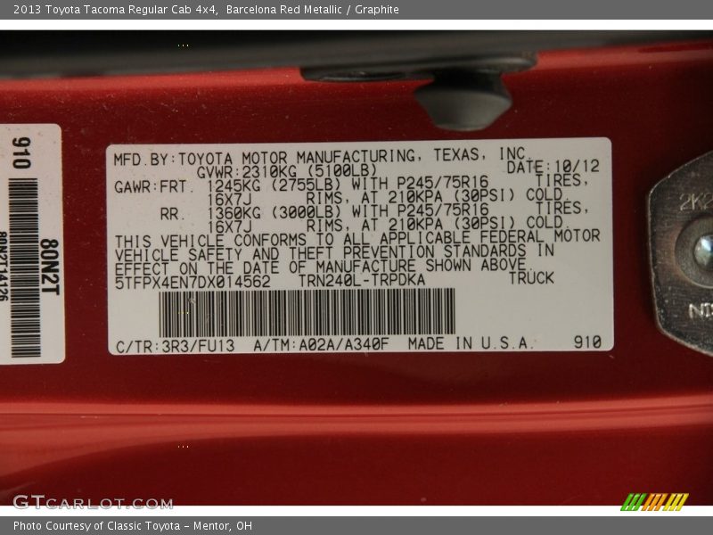 Barcelona Red Metallic / Graphite 2013 Toyota Tacoma Regular Cab 4x4
