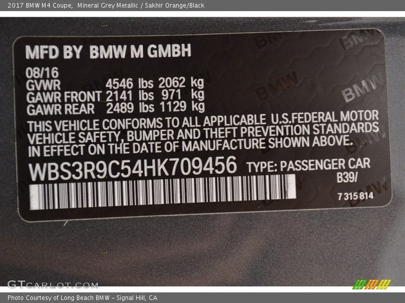 2017 M4 Coupe Mineral Grey Metallic Color Code B39