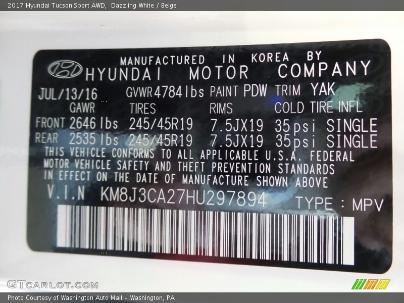 2017 Tucson Sport AWD Dazzling White Color Code PDW