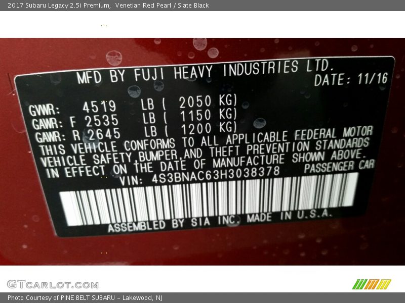 Venetian Red Pearl / Slate Black 2017 Subaru Legacy 2.5i Premium