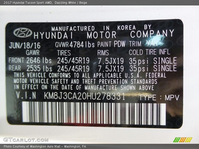2017 Tucson Sport AWD Dazzling White Color Code PDW